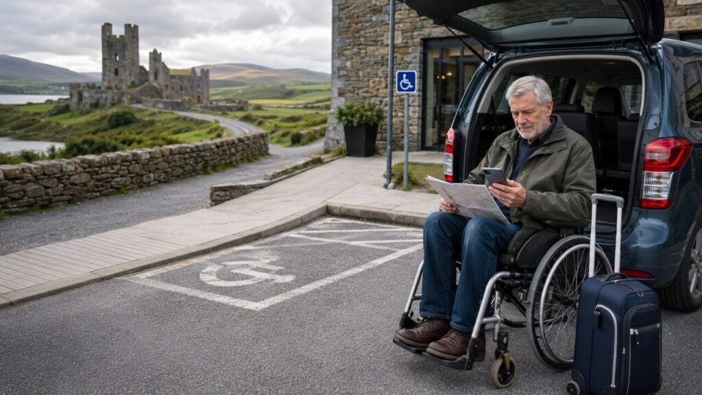 Mature wheelchair user planning an accessible trip around Ireland beside a practical car, with a map, smartphone and suitcase, near an accessible entrance and parking space, with green hills and a historic castle in the background.