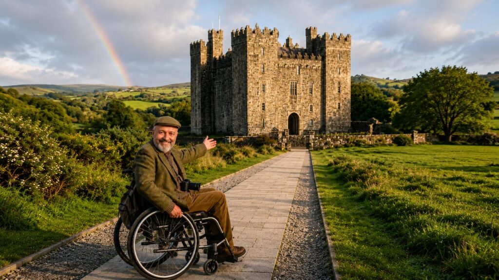 Mature wheelchair traveller exploring an Irish castle and countryside.