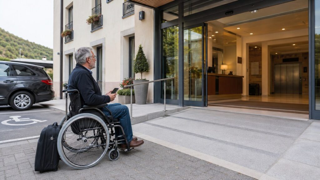 Mature wheelchair user checking the step-free entrance, wide automatic doors and ramp of an accessible European hotel.