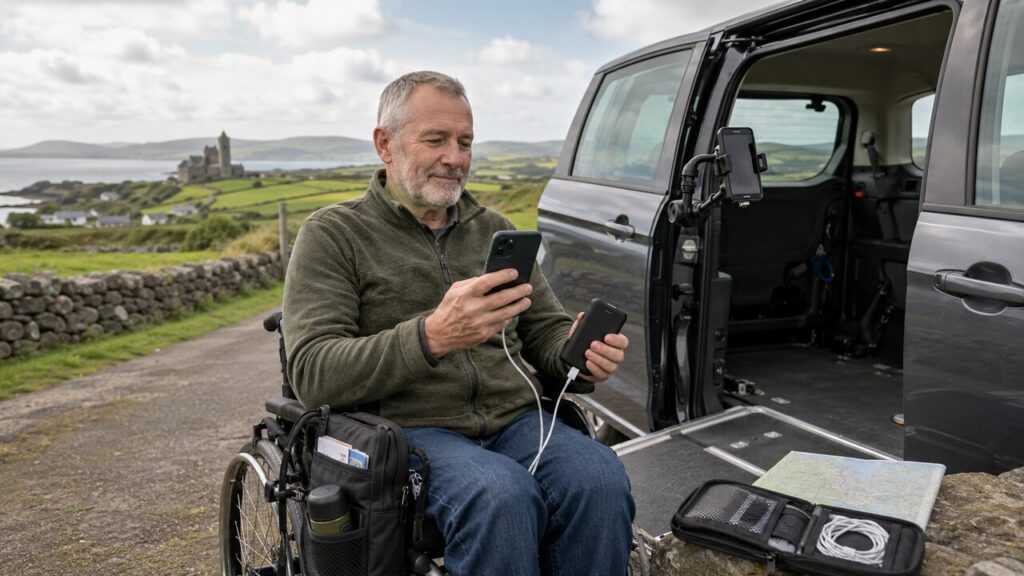 Mature wheelchair user charging a smartphone with a compact power bank beside an accessible vehicle during a road trip through the Irish countryside.