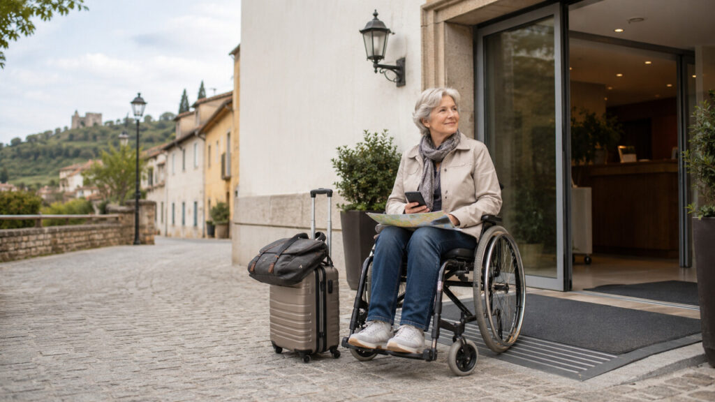 Mature woman using a wheelchair with a suitcase, map and smartphone outside a step-free hotel entrance in a quiet European town.