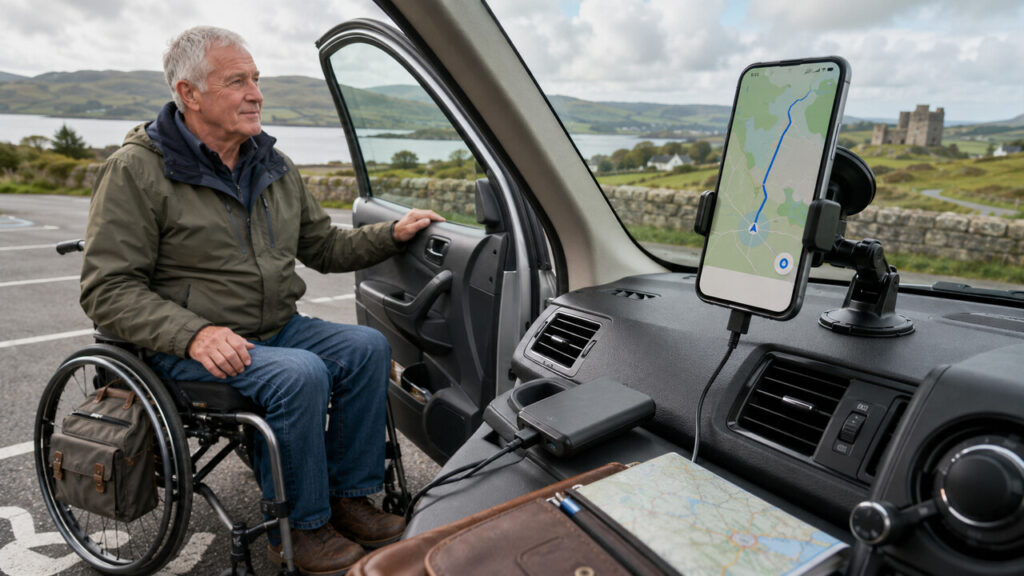 Mature wheelchair user beside an accessible car in the Irish countryside, checking a smartphone secured in a dashboard mount with navigation displayed.