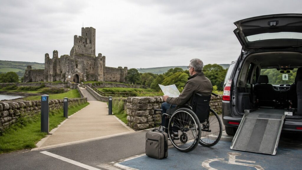 Mature wheelchair user checking a map beside an accessible vehicle, overlooking a historic Irish castle and step-free path through green countryside.