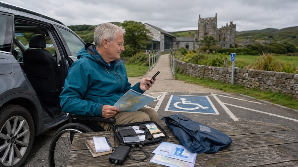Mature wheelchair user preparing for an accessible road trip in Ireland beside a car, checking a smartphone and map near an accessible parking space, with travel documents, a power bank and a historic Irish castle in the background.