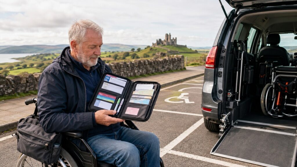 Mature wheelchair user checking a travel document organiser beside an accessible vehicle with a ramp, surrounded by green Irish countryside and a distant castle.