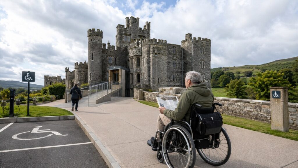 Mature wheelchair user holding a map on a smooth accessible path leading to a historic Irish stone castle with a ramp, accessible entrance and nearby parking.