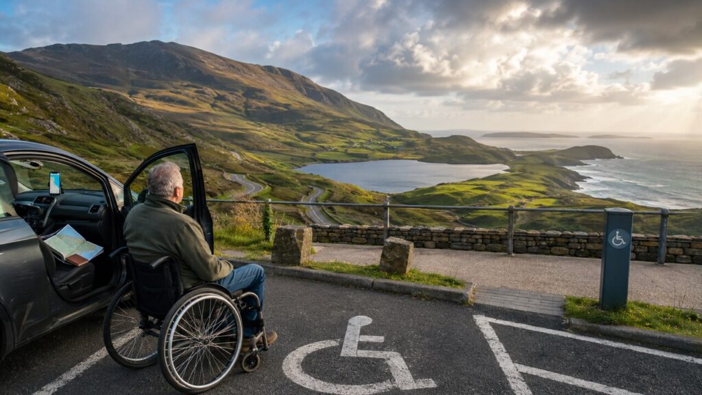Mature wheelchair user beside a car at an accessible viewpoint overlooking a winding road, green mountains, lake and Atlantic coast in Ireland.