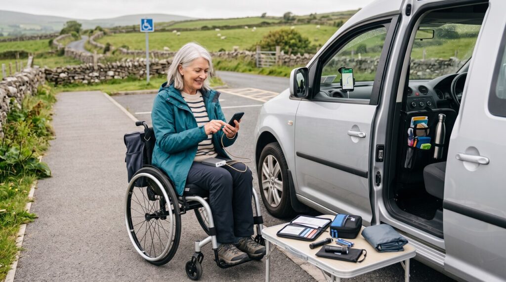 A smiling mature woman in a wheelchair sits beside an accessible silver car on a paved roadside in rural Ireland, checking her phone connected to a power bank. On a small folding table beside her lie neatly organized travel accessories, including a document organizer, repair kit, compact torch, and a folded waterproof cover, set against a backdrop of green rolling hills and dry stone walls.
