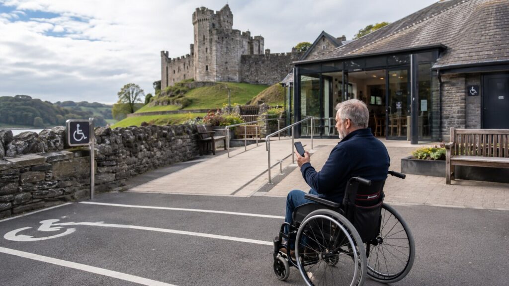 Mature wheelchair user checking accessibility information on a smartphone outside an accessible visitor centre near a historic Irish castle, with step-free paths, ramps, accessible parking and seating.