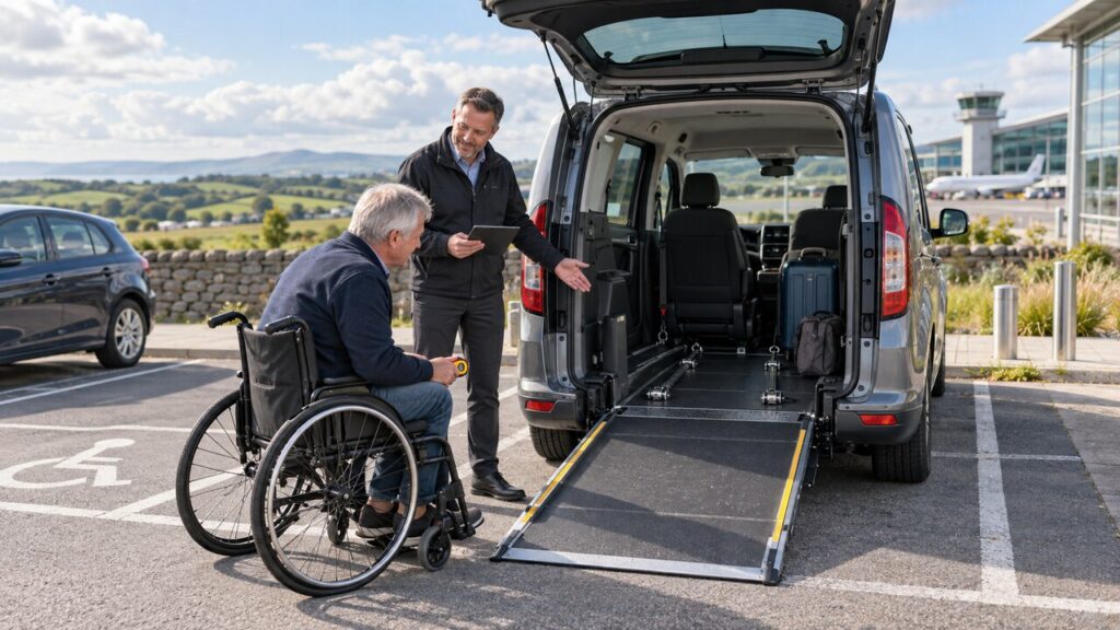 Mature wheelchair user inspecting the ramp and spacious interior of an accessible rental car with a representative at an Irish airport.