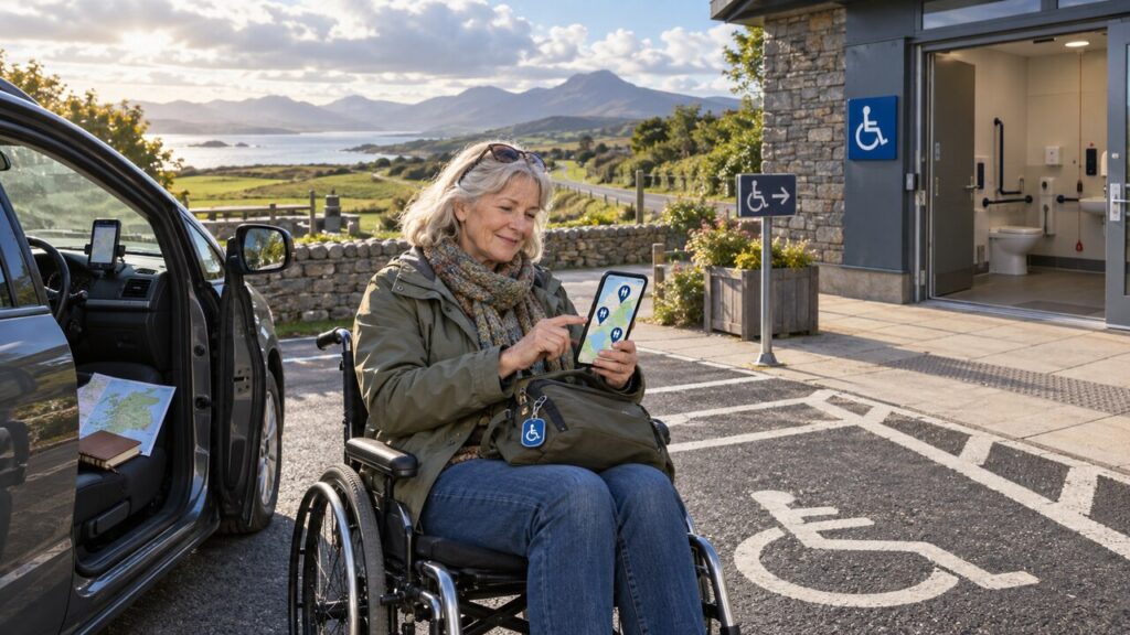A mature wheelchair user checks accessible toilet locations on her smartphone during a scenic road trip around Ireland.