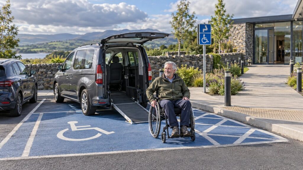 Mature wheelchair user beside a wheelchair-accessible vehicle with an open ramp in a clearly marked accessible parking bay in Ireland.
