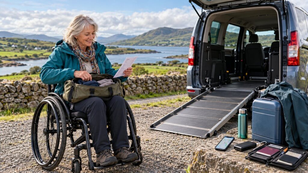 Travelling woman in a wheelchair checks her packing list beside a wheelchair-accessible vehicle with a rear ramp in the Irish countryside. A suitcase, waterproof jacket, water bottle and travel essentials sit clear of the ramp.