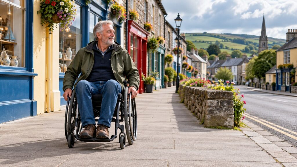A mature man using a wheelchair explores an Irish village along a wide, step-free pavement, with colourful shopfronts, stone buildings and green hills in the background.