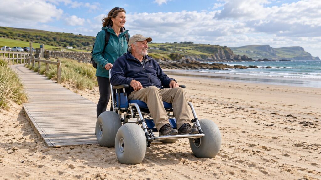 Man using a beach wheelchair with wide tyres beside a wooden access boardwalk on an Irish beach, with a companion nearby and green headlands in the background.
